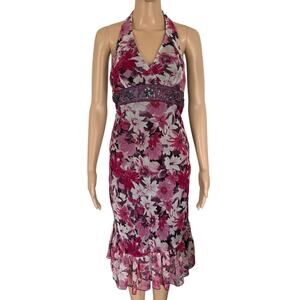 Y2K Fairy Beaded Floral Halter Ruffle Midi Dress Barbiecore Coquette Pink 3
